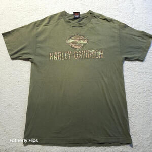 VTG Harley-Davidson Large 2004 Tampa Florida Graphic Tee 100% Cotton Olive Camo
